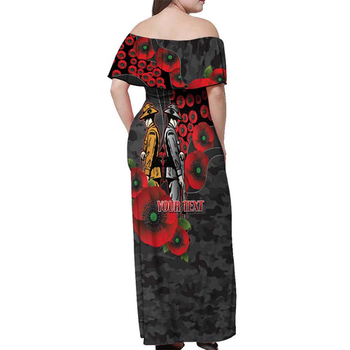 Brisbane Broncos ANZAC Personalised Off Shoulder Maxi Dress Lest We Forget Poppy Camo