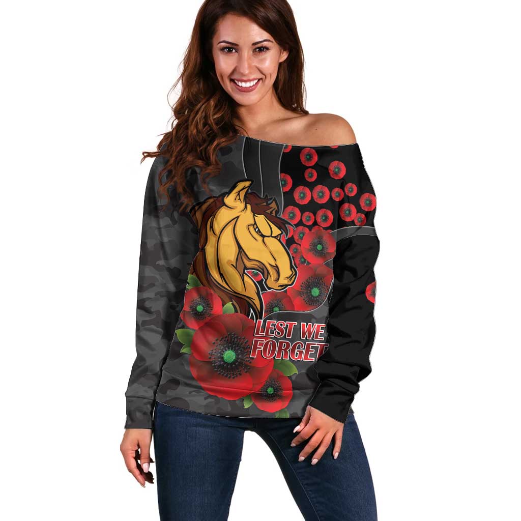Brisbane Broncos ANZAC Personalised Off Shoulder Sweater Lest We Forget Poppy Camo