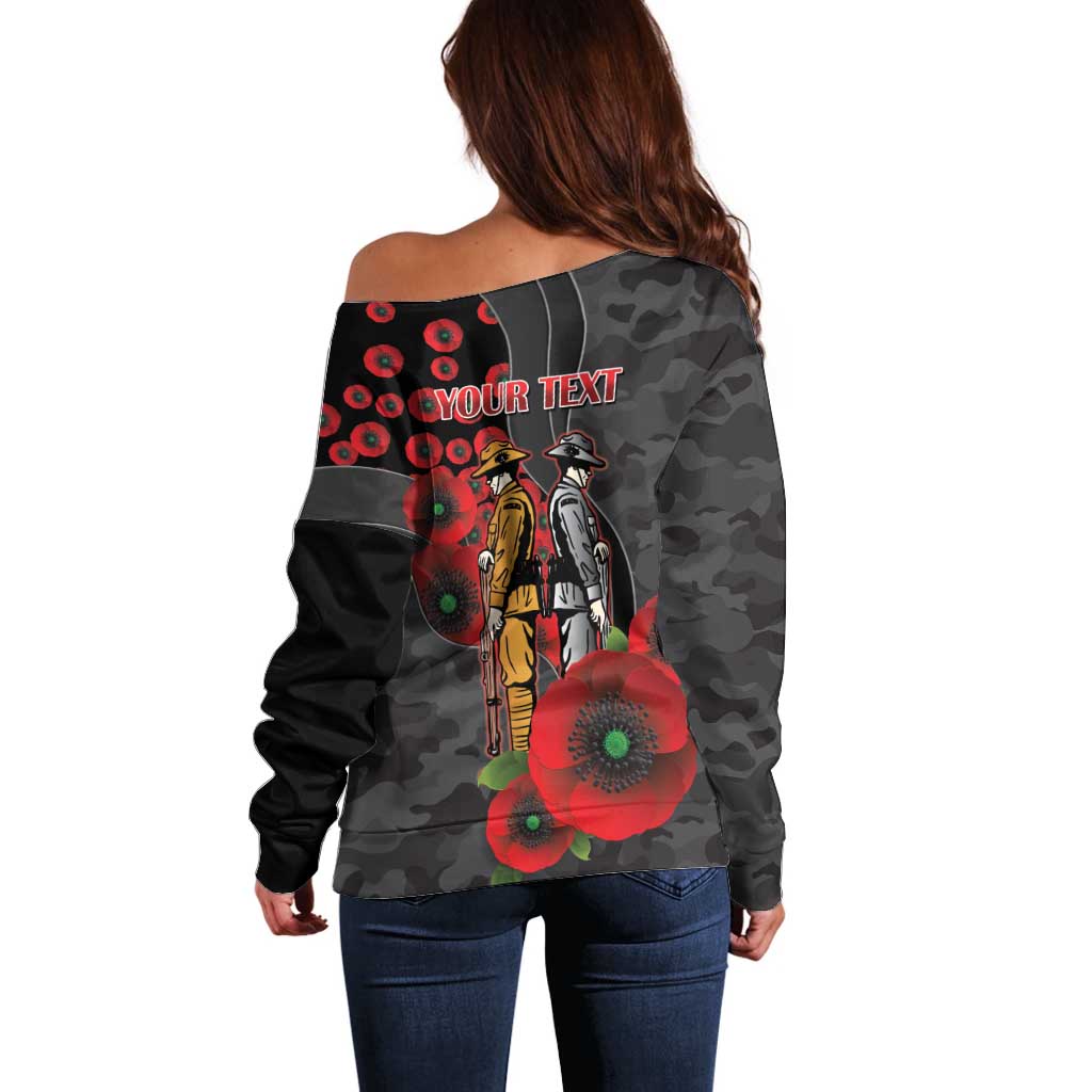 Brisbane Broncos ANZAC Personalised Off Shoulder Sweater Lest We Forget Poppy Camo