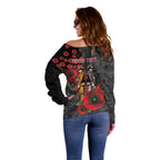 Brisbane Broncos ANZAC Personalised Off Shoulder Sweater Lest We Forget Poppy Camo