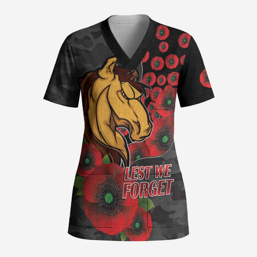 Brisbane Broncos ANZAC Personalised Scrub Top Lest We Forget Poppy Camo