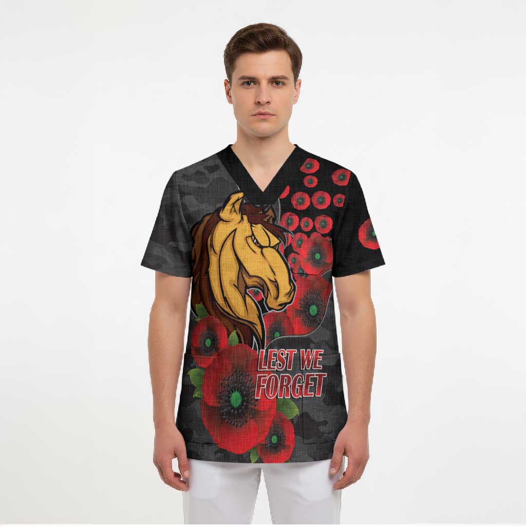 Brisbane Broncos ANZAC Personalised Scrub Top Lest We Forget Poppy Camo