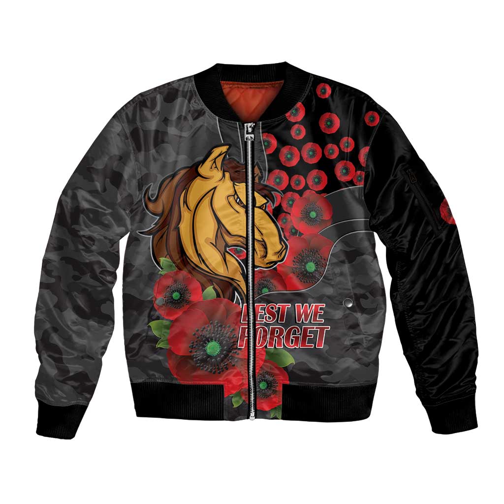 Brisbane Broncos ANZAC Personalised Sleeve Zip Bomber Jacket Lest We Forget Poppy Camo