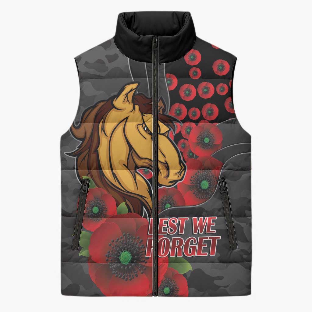 Brisbane Broncos ANZAC Personalised Sleeveless Puffer Jacket Lest We Forget Poppy Camo