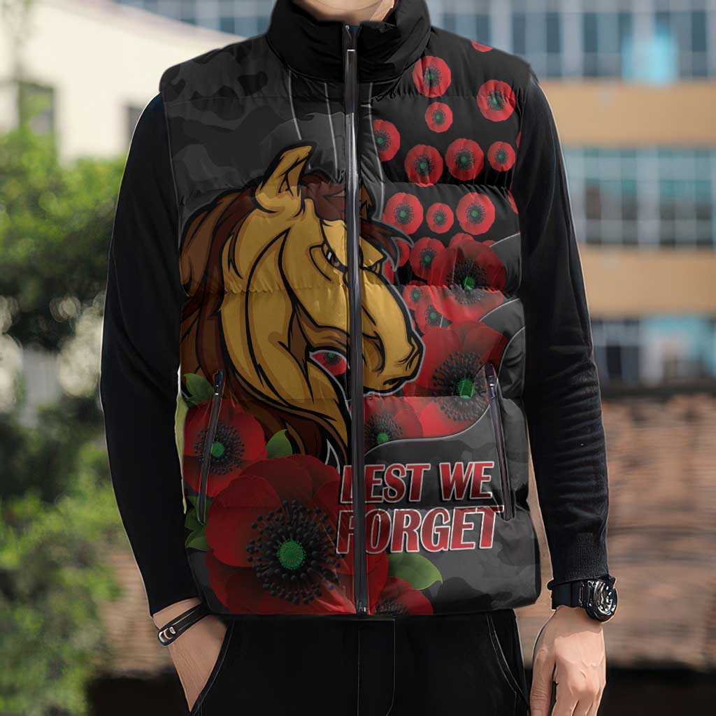 Brisbane Broncos ANZAC Personalised Sleeveless Puffer Jacket Lest We Forget Poppy Camo