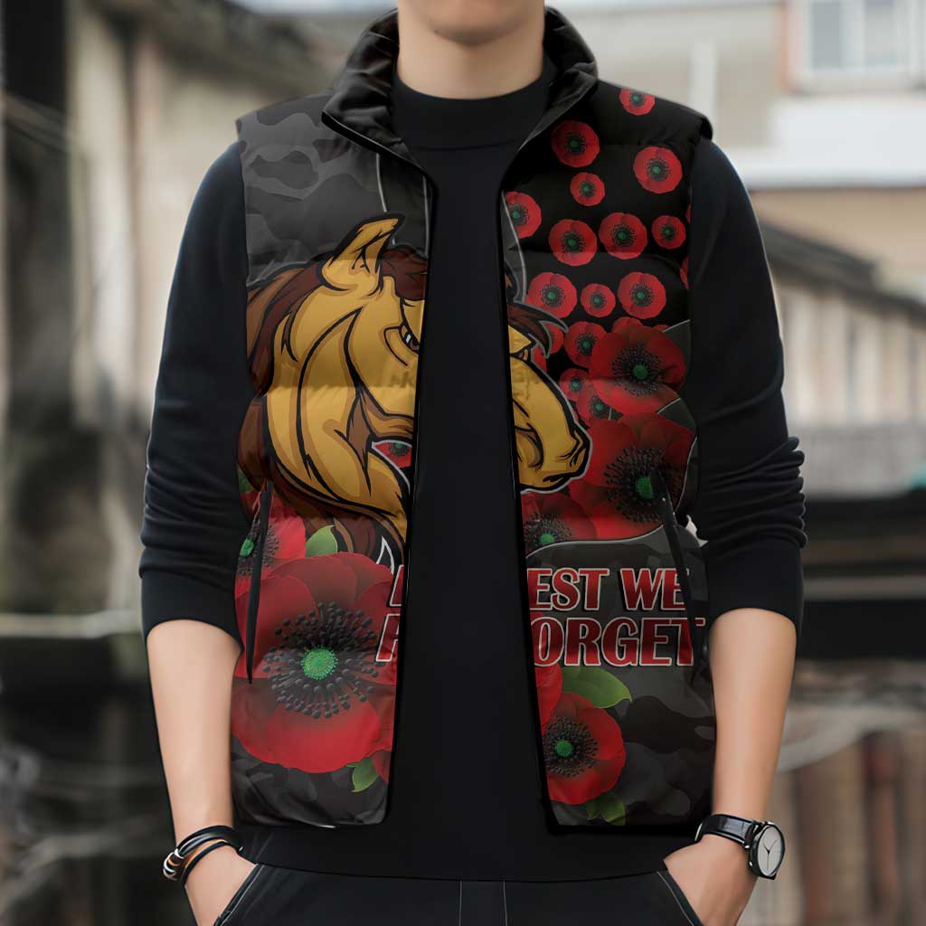 Brisbane Broncos ANZAC Personalised Sleeveless Puffer Jacket Lest We Forget Poppy Camo