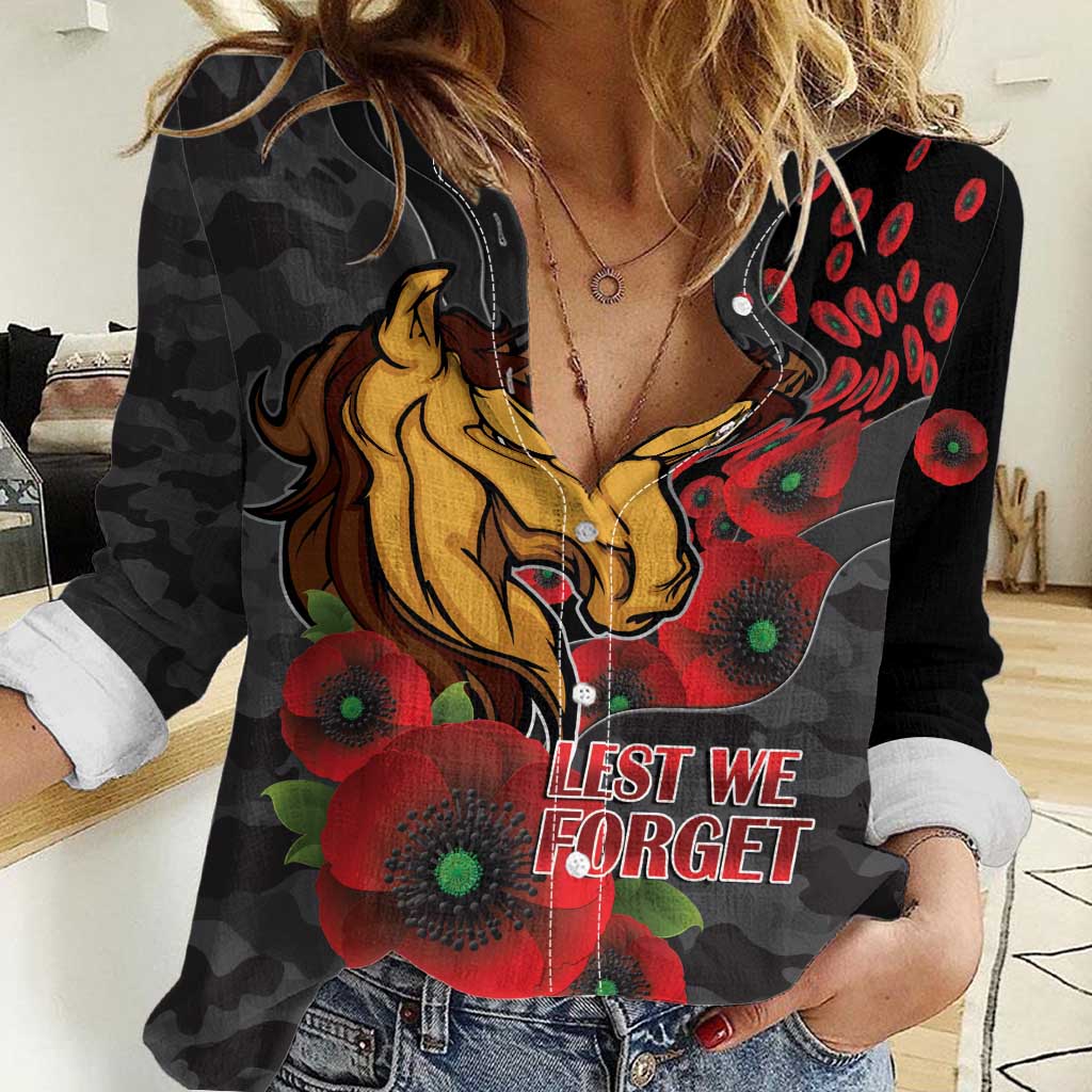 Brisbane Broncos ANZAC Personalised Women Casual Shirt Lest We Forget Poppy Camo