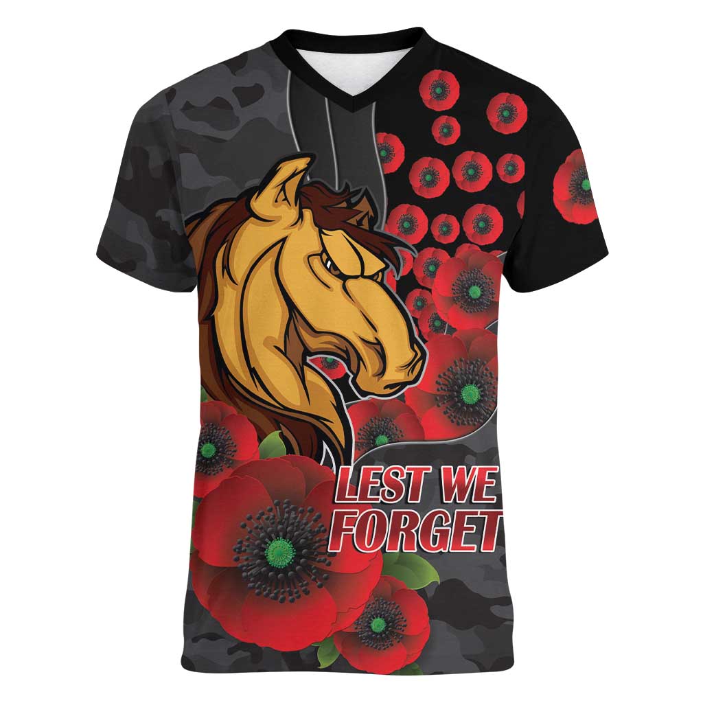 Brisbane Broncos ANZAC Personalised Women V-Neck T-Shirt Lest We Forget Poppy Camo