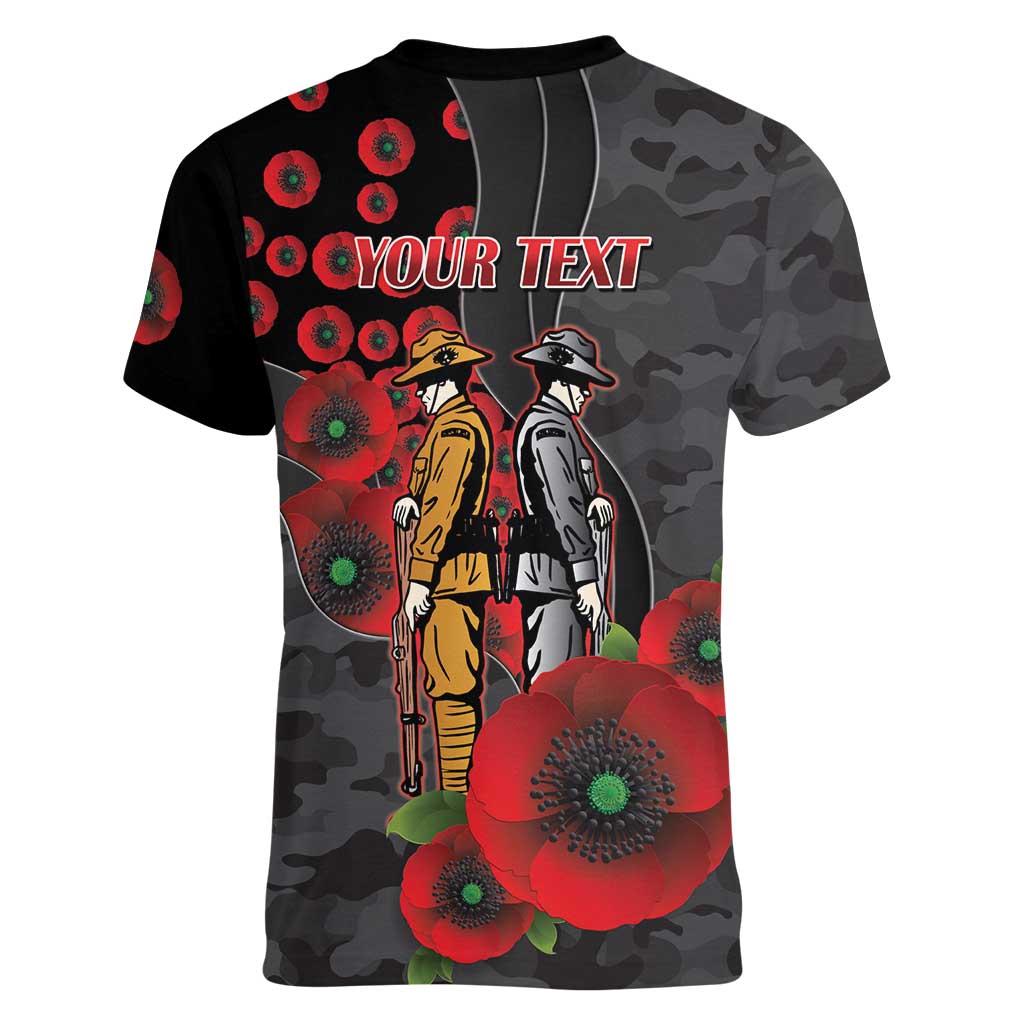 Brisbane Broncos ANZAC Personalised Women V-Neck T-Shirt Lest We Forget Poppy Camo