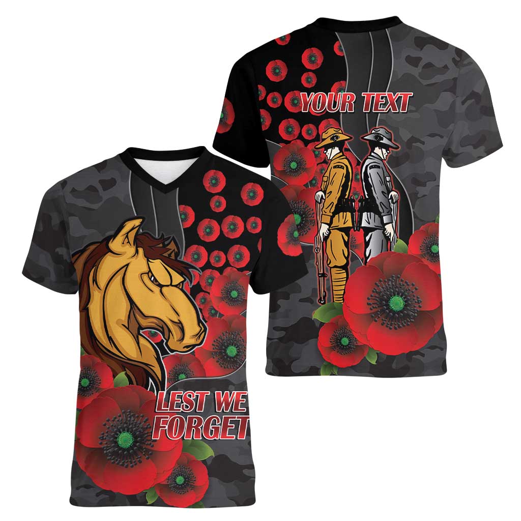 Brisbane Broncos ANZAC Personalised Women V-Neck T-Shirt Lest We Forget Poppy Camo