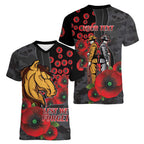 Brisbane Broncos ANZAC Personalised Women V-Neck T-Shirt Lest We Forget Poppy Camo