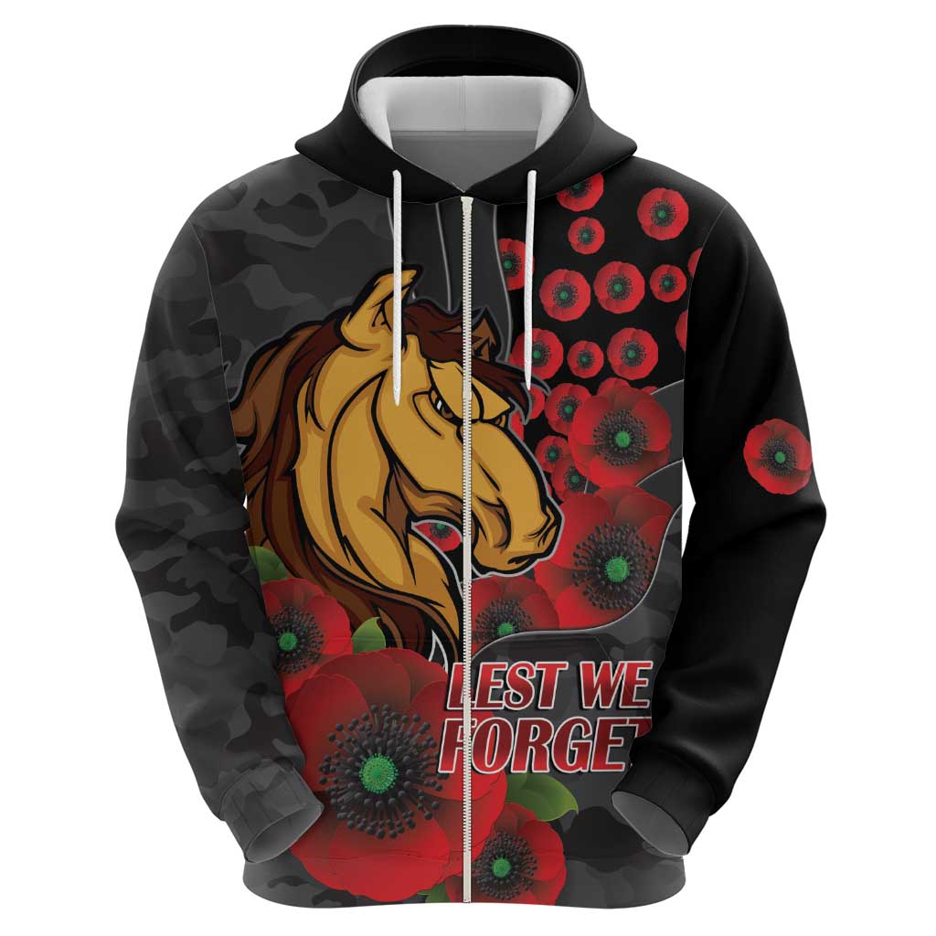 Brisbane Broncos ANZAC Personalised Zip Hoodie Lest We Forget Poppy Camo