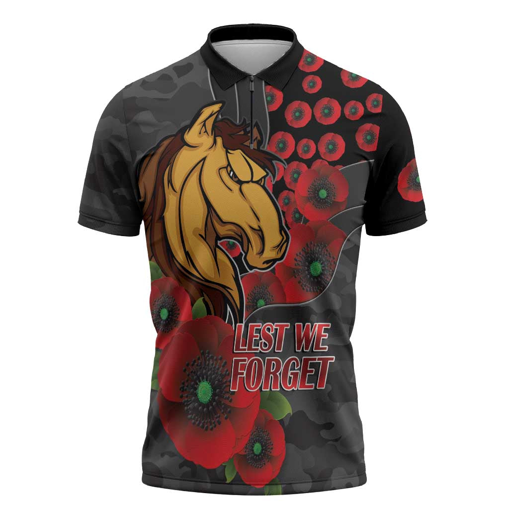 Brisbane Broncos ANZAC Personalised Zipper Polo Shirt Lest We Forget Poppy Camo