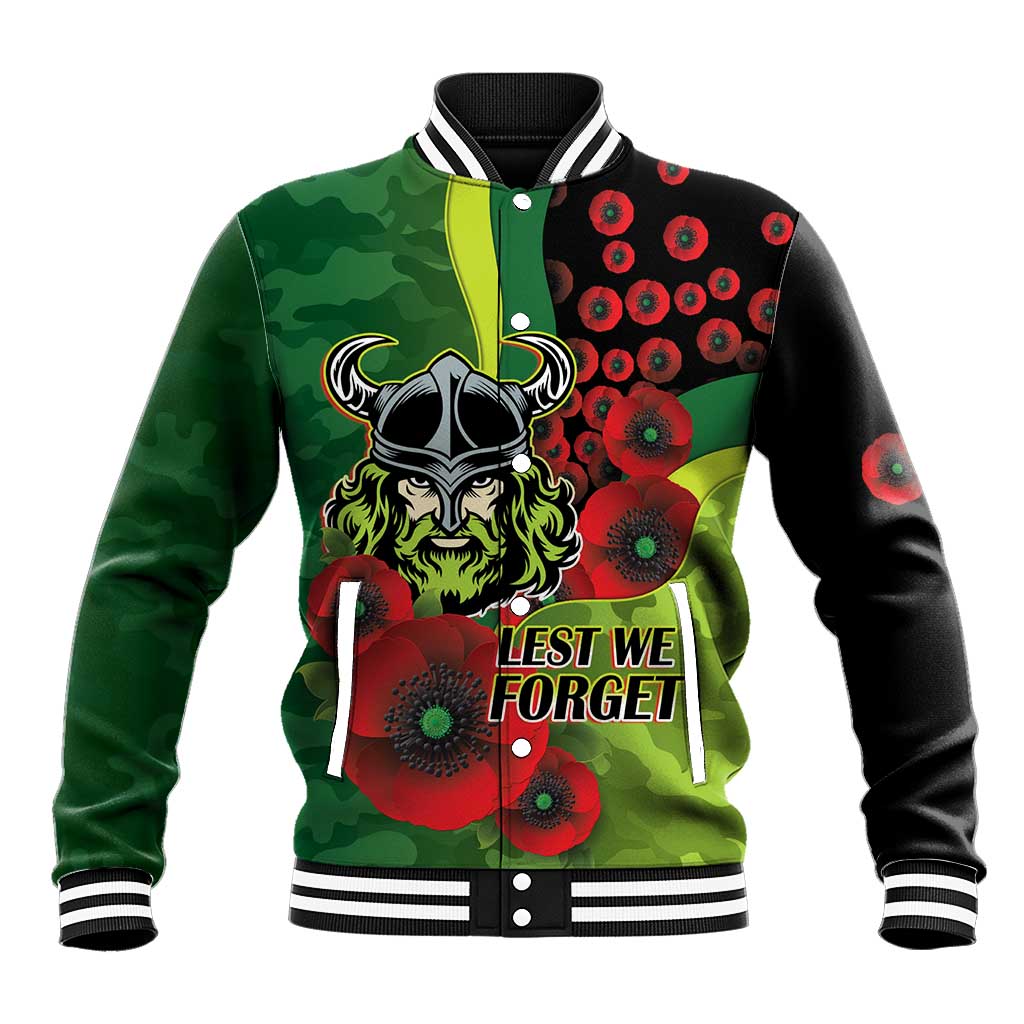 Canberra Raiders ANZAC Personalised Baseball Jacket Lest We Forget Poppy Camo