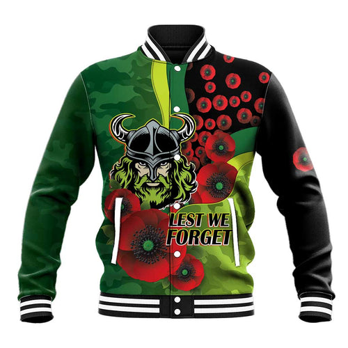 Canberra Raiders ANZAC Personalised Baseball Jacket Lest We Forget Poppy Camo