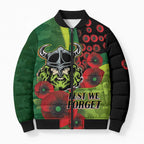 Canberra Raiders ANZAC Personalised Bomber Puffer Jacket Lest We Forget Poppy Camo