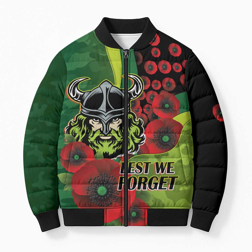 Canberra Raiders ANZAC Personalised Bomber Puffer Jacket Lest We Forget Poppy Camo