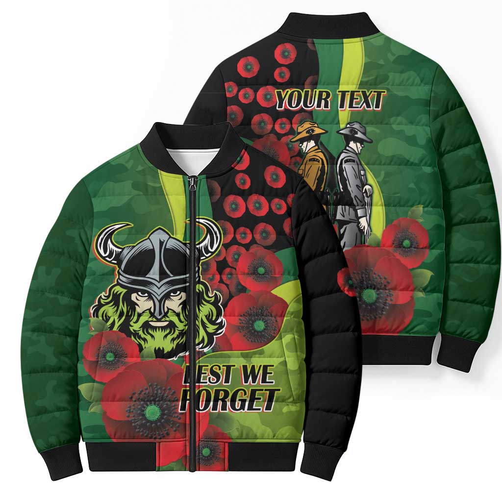 Canberra Raiders ANZAC Personalised Bomber Puffer Jacket Lest We Forget Poppy Camo