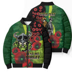 Canberra Raiders ANZAC Personalised Bomber Puffer Jacket Lest We Forget Poppy Camo
