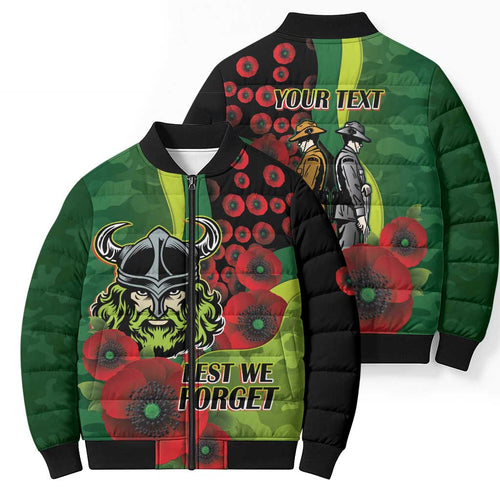 Canberra Raiders ANZAC Personalised Bomber Puffer Jacket Lest We Forget Poppy Camo