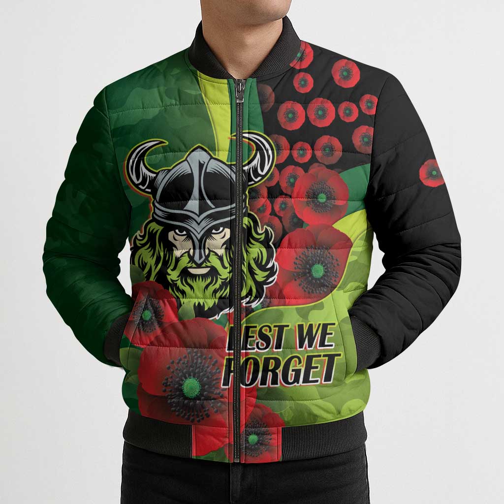 Canberra Raiders ANZAC Personalised Bomber Puffer Jacket Lest We Forget Poppy Camo