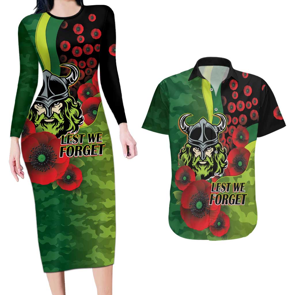 Canberra Raiders ANZAC Personalised Couples Matching Long Sleeve Bodycon Dress and Hawaiian Shirt Lest We Forget Poppy Camo