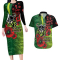 Canberra Raiders ANZAC Personalised Couples Matching Long Sleeve Bodycon Dress and Hawaiian Shirt Lest We Forget Poppy Camo