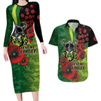 Canberra Raiders ANZAC Personalised Couples Matching Long Sleeve Bodycon Dress and Hawaiian Shirt Lest We Forget Poppy Camo