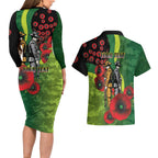 Canberra Raiders ANZAC Personalised Couples Matching Long Sleeve Bodycon Dress and Hawaiian Shirt Lest We Forget Poppy Camo
