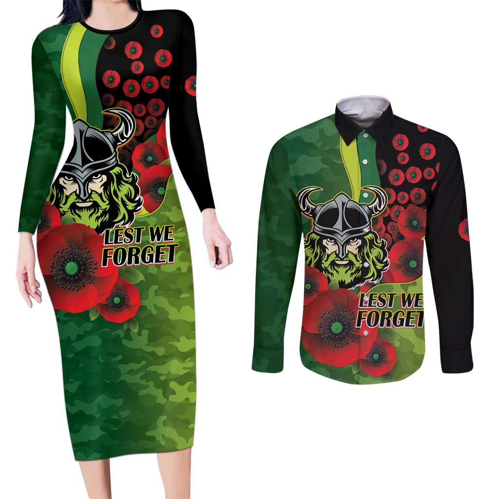 Canberra Raiders ANZAC Personalised Couples Matching Long Sleeve Bodycon Dress and Long Sleeve Button Shirt Lest We Forget Poppy Camo