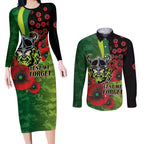 Canberra Raiders ANZAC Personalised Couples Matching Long Sleeve Bodycon Dress and Long Sleeve Button Shirt Lest We Forget Poppy Camo