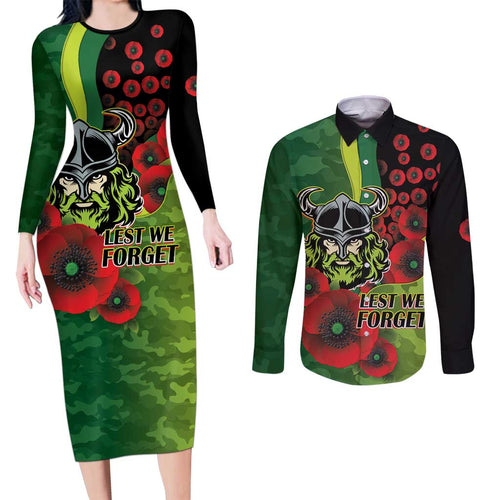 Canberra Raiders ANZAC Personalised Couples Matching Long Sleeve Bodycon Dress and Long Sleeve Button Shirt Lest We Forget Poppy Camo