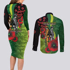 Canberra Raiders ANZAC Personalised Couples Matching Long Sleeve Bodycon Dress and Long Sleeve Button Shirt Lest We Forget Poppy Camo