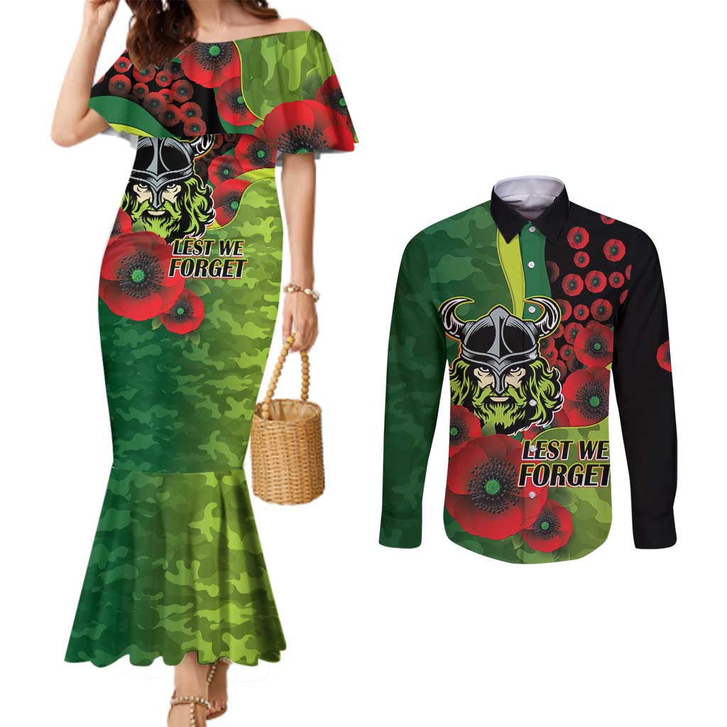 Canberra Raiders ANZAC Personalised Couples Matching Mermaid Dress and Long Sleeve Button Shirt Lest We Forget Poppy Camo