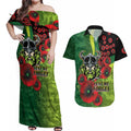 Canberra Raiders ANZAC Personalised Couples Matching Off Shoulder Maxi Dress and Hawaiian Shirt Lest We Forget Poppy Camo