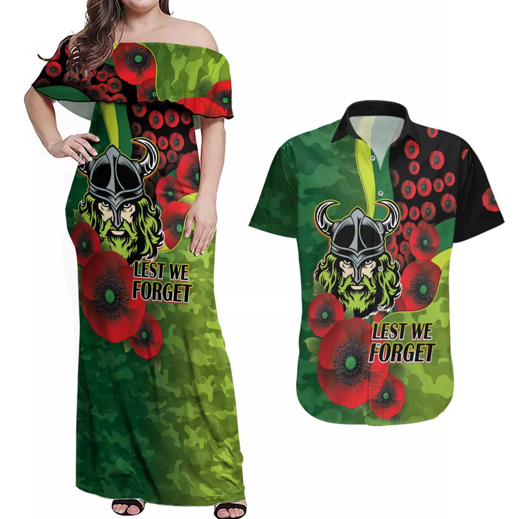 Canberra Raiders ANZAC Personalised Couples Matching Off Shoulder Maxi Dress and Hawaiian Shirt Lest We Forget Poppy Camo