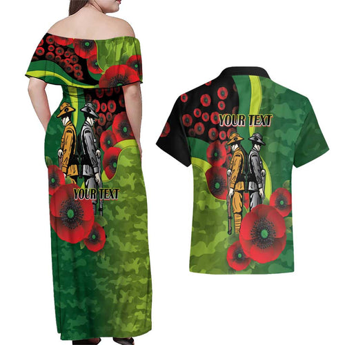 Canberra Raiders ANZAC Personalised Couples Matching Off Shoulder Maxi Dress and Hawaiian Shirt Lest We Forget Poppy Camo