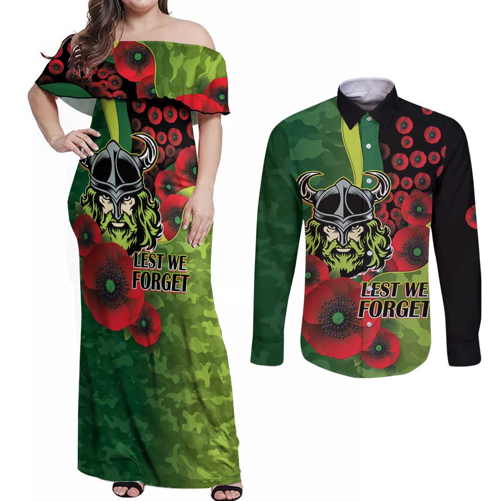 Canberra Raiders ANZAC Personalised Couples Matching Off Shoulder Maxi Dress and Long Sleeve Button Shirt Lest We Forget Poppy Camo