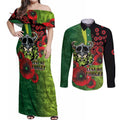 Canberra Raiders ANZAC Personalised Couples Matching Off Shoulder Maxi Dress and Long Sleeve Button Shirt Lest We Forget Poppy Camo
