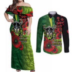 Canberra Raiders ANZAC Personalised Couples Matching Off Shoulder Maxi Dress and Long Sleeve Button Shirt Lest We Forget Poppy Camo