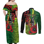 Canberra Raiders ANZAC Personalised Couples Matching Off Shoulder Maxi Dress and Long Sleeve Button Shirt Lest We Forget Poppy Camo