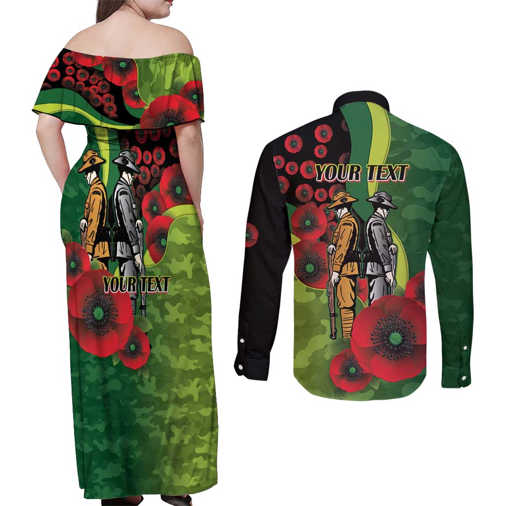 Canberra Raiders ANZAC Personalised Couples Matching Off Shoulder Maxi Dress and Long Sleeve Button Shirt Lest We Forget Poppy Camo