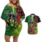 Canberra Raiders ANZAC Personalised Couples Matching Off Shoulder Short Dress and Hawaiian Shirt Lest We Forget Poppy Camo