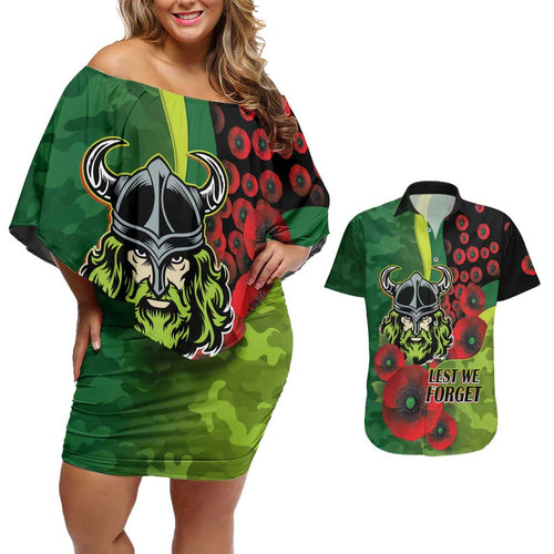 Canberra Raiders ANZAC Personalised Couples Matching Off Shoulder Short Dress and Hawaiian Shirt Lest We Forget Poppy Camo