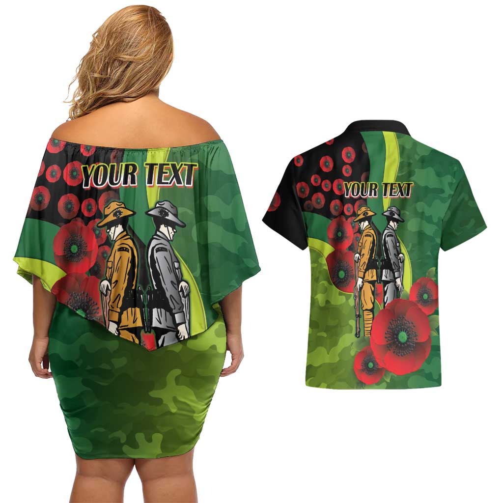 Canberra Raiders ANZAC Personalised Couples Matching Off Shoulder Short Dress and Hawaiian Shirt Lest We Forget Poppy Camo