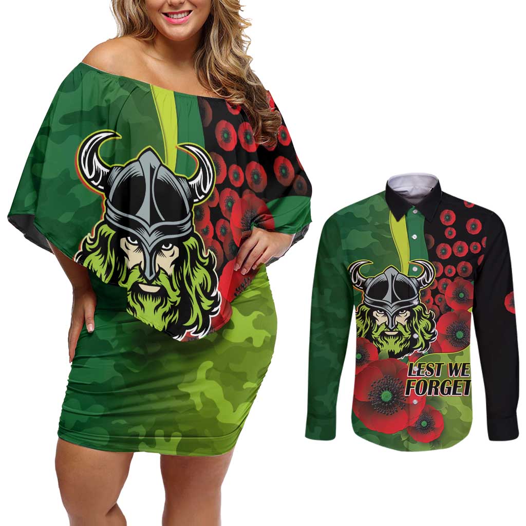 Canberra Raiders ANZAC Personalised Couples Matching Off Shoulder Short Dress and Long Sleeve Button Shirt Lest We Forget Poppy Camo