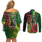Canberra Raiders ANZAC Personalised Couples Matching Off Shoulder Short Dress and Long Sleeve Button Shirt Lest We Forget Poppy Camo