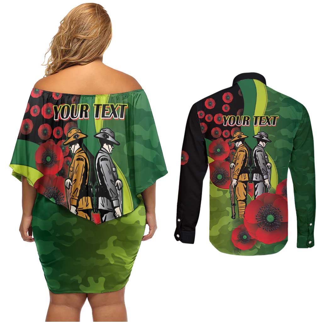 Canberra Raiders ANZAC Personalised Couples Matching Off Shoulder Short Dress and Long Sleeve Button Shirt Lest We Forget Poppy Camo