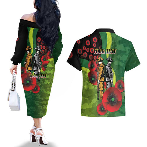 Canberra Raiders ANZAC Personalised Couples Matching Off The Shoulder Long Sleeve Dress and Hawaiian Shirt Lest We Forget Poppy Camo