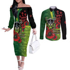 Canberra Raiders ANZAC Personalised Couples Matching Off The Shoulder Long Sleeve Dress and Long Sleeve Button Shirt Lest We Forget Poppy Camo
